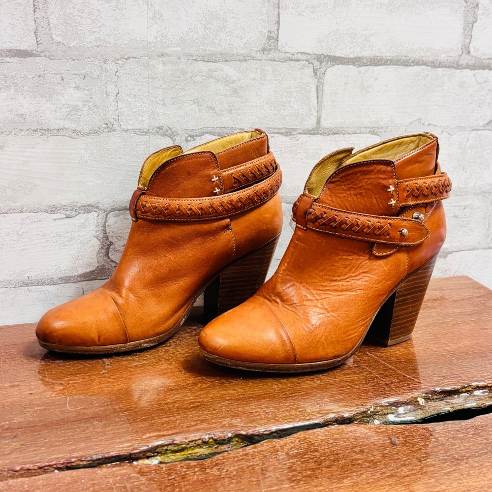 Rag & Bone Harrow Tan Leather Braided Strap Ankle Boots 36 Made in Italy